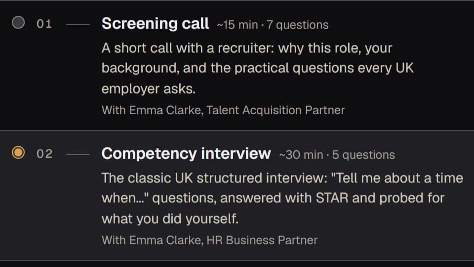 The round picker: a screening call with a talent acquisition partner, and the competency interview selected, with its length and question count.