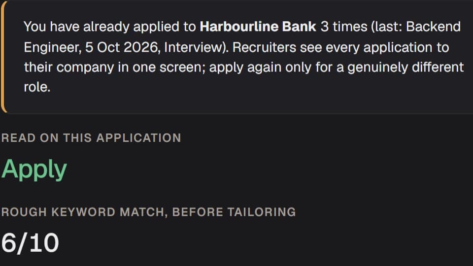 The pre-check: a notice that you have already applied to this company three times, then the read "Apply" and a rough keyword match of 6/10.
